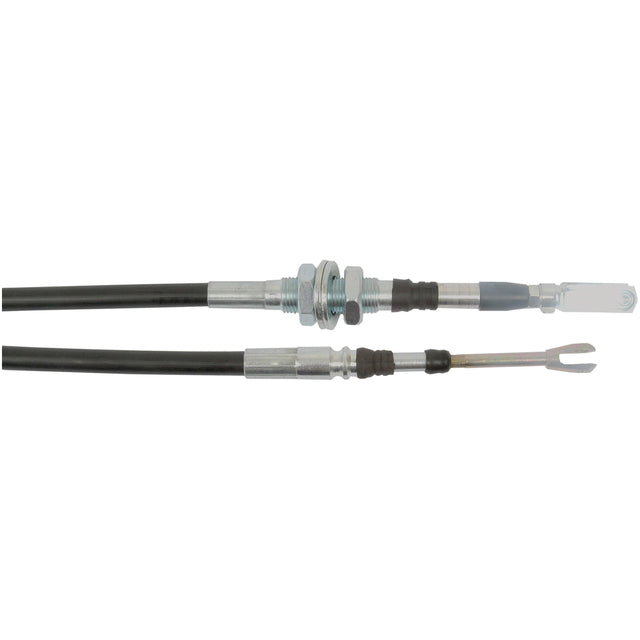 Image of a black clutch cable showing both ends, with metal fittings and threaded adjusters, designed for automotive use. The Sparex Remote Control Cable with Clevis End for Joystick 1.75M (Sparex Part No.S.101730) provides precise adjustments and reliable performance.