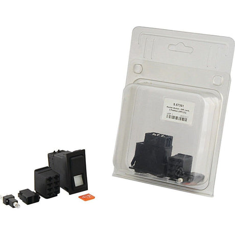 The image features an electrical switch assembly with several components outside its packaging, including a Sparex Rocker Switch - Diff. Lock, 3 Position (Off/1/(2)) - S.57351, and the same assembly showcased inside a clear plastic package.