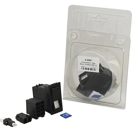 The Sparex Rocker Switch - Main Beam, 3 Position (Off/1/2) - S.56691 is a 12V DC latching switch with four separate components, packaged in a plastic blister pack. It boasts an impressive IP65 rating, ensuring durability and protection against dust and water.