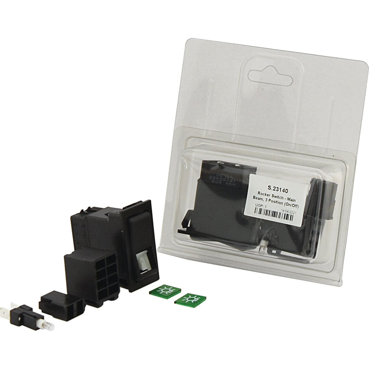 Image of the Sparex Rocker Switch - Main Beam, 3 Position (On/Off) - S.23140 in its packaging with various components and accessories laid out, including small green pads and a small white connector. This IP65 switch ensures durability and reliability.