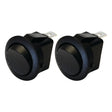 Two Rocker Switch Miniature - Universal Fitting (S.29474) by Sparex, each with two metal prongs, are shown from the front and at a slight angle. Designed for various applications, these black round rocker switches feature a precise 2-position (On/Off) mechanism.