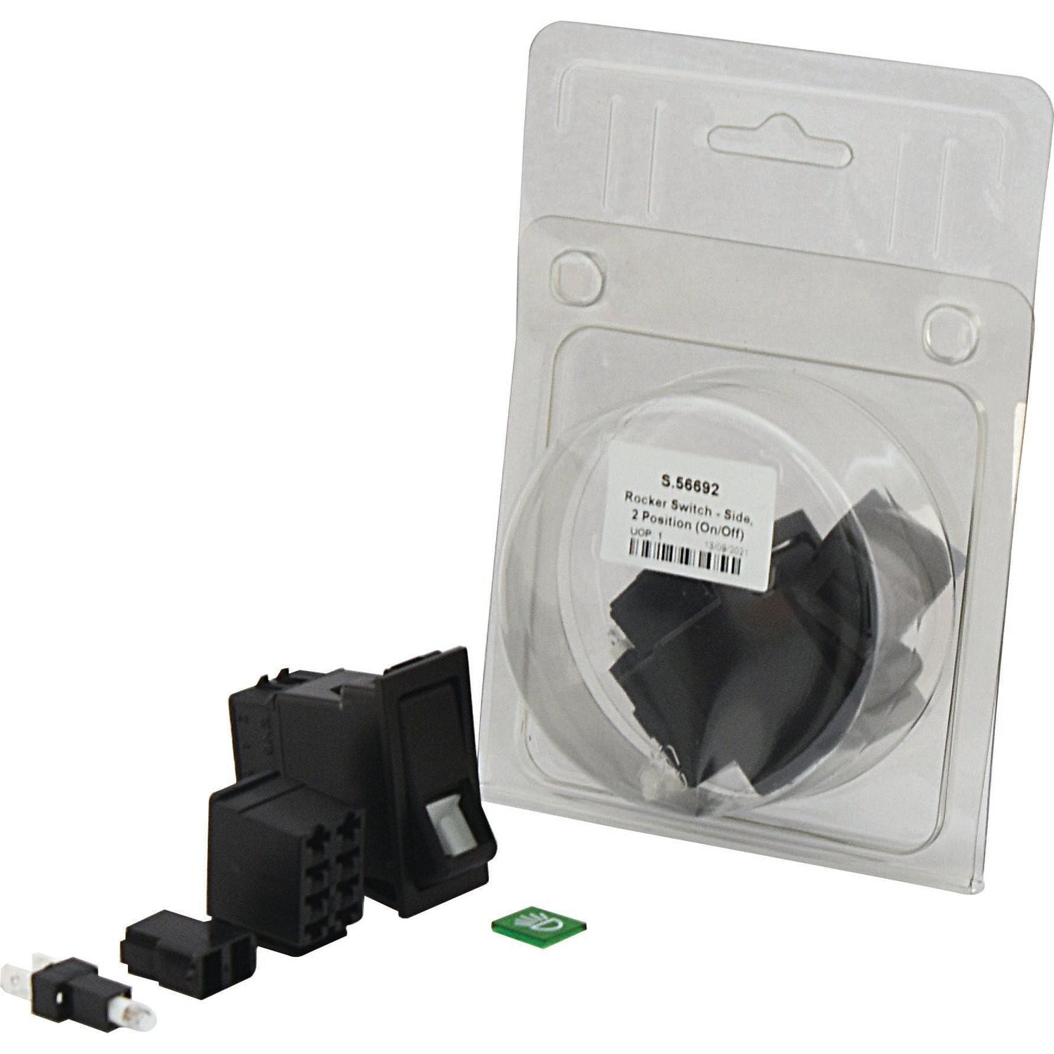 The Sparex Rocker Switch - Side, 2 Position (On/Off) - S.56692 is a black latching switch assembly designed for 12V DC systems, housed in protective plastic clamshell packaging visible in the background.