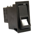 A close-up image of the Sparex Rocker Switch - Universal Fitting, 2 Position (On/Off) - S.10492, features a black rectangular design with a white indicator. Suitable for various applications, this switch has a snap-in mounting design and visible electrical terminals on the back.