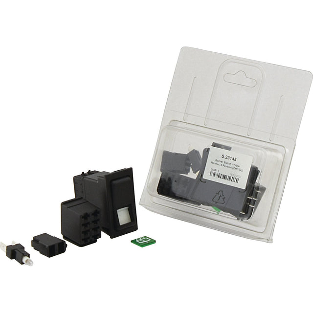 The Sparex Rocker Switch - Wiper Washer, 3 Position (Off/1/(2)) - S.23145 in black comes as a 12V switch kit complete with assorted components including connectors and a fuse, and is displayed alongside its clear plastic packaging. This switch features IP65 protection and offers both latching and momentary options.