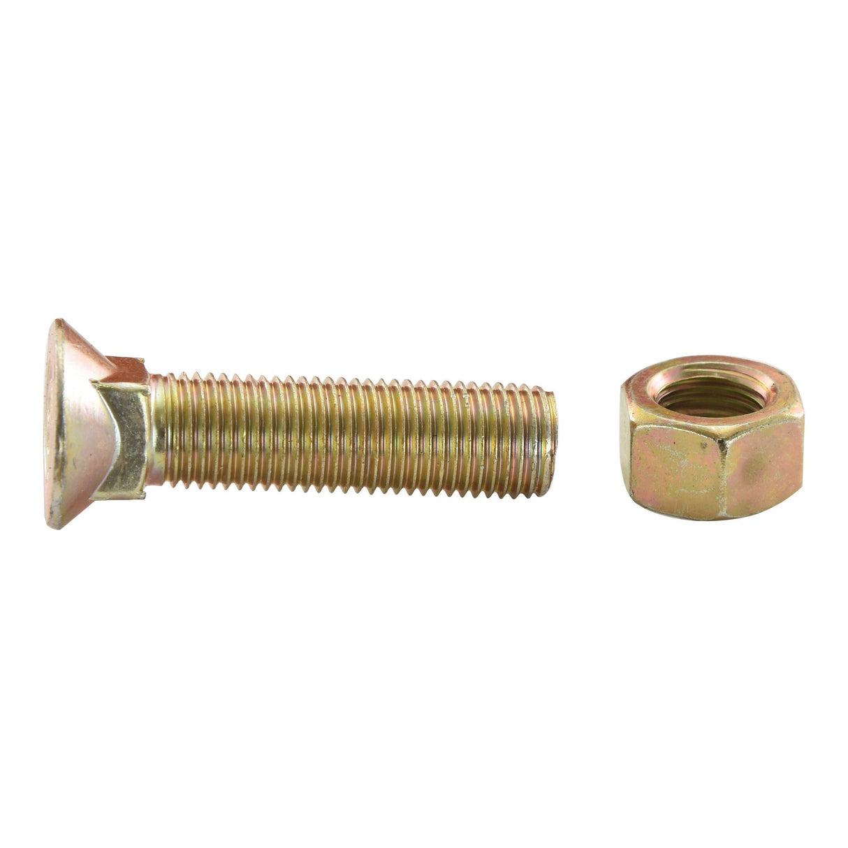 A Sparex Round Countersunk Square Hex Bolt & Nut (TFCC) - M10 x 25mm, Tensile strength 8.8 (Sparex Part No.S.78705) are placed side by side on a white background.