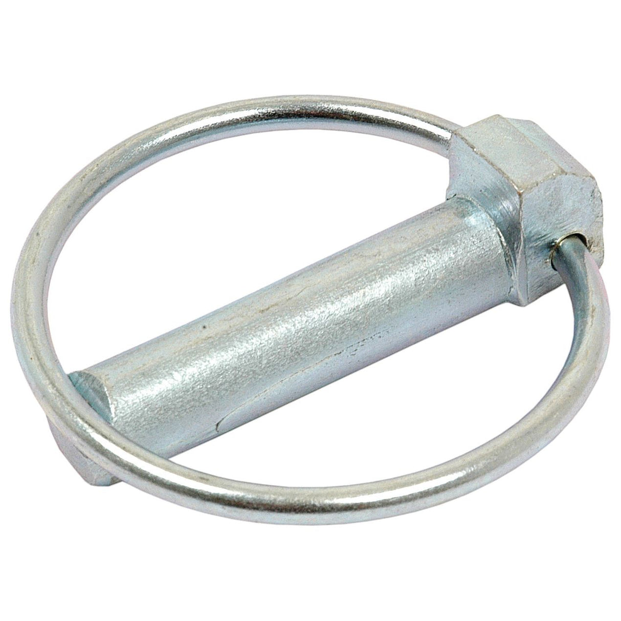 A metallic Round Linch Pin with a circular ring attached to a cylindrical shaft, used for securing equipment components, this Standard Duty Sparex model S.4581 with a pin diameter of 11mm and length of 47mm includes an added safety clip for enhanced security.