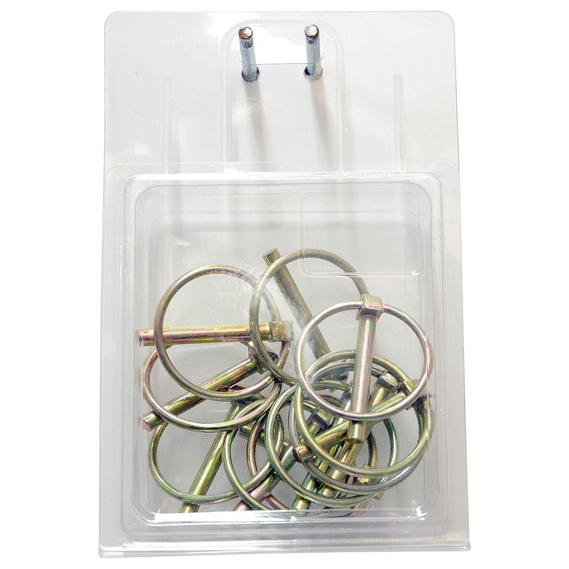 The Sparex Round Linch Pin, measuring Ø6mm x 44.5mm and available in a pack of 10 pieces (Part No. S.5208), comes inside a transparent plastic Agripak packaging. The metal pins are visible through the clear covering, with two protrusions at the top for hanging.