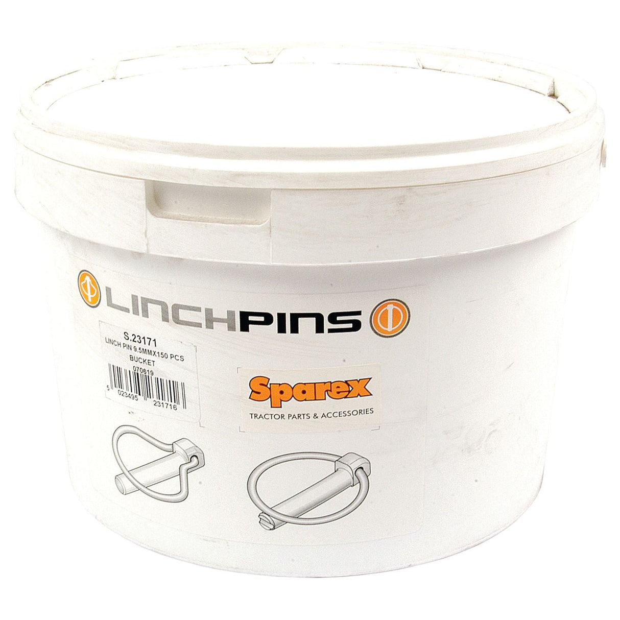 A small white plastic bucket labeled "LINCHPINS" contains round linch pins with a pin diameter of 9.5mm and a length of 44.5mm, totaling 150 pieces, branded by Sparex and bearing the part number S.23171. This standard bucket features image illustrations of the linch pins, showcasing Sparex's commitment to quality.