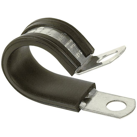 The Rubber Lined Clamp, ID: Ø10mm (Sparex Part No. S.12145) from Sparex, is made of galvanized steel with one open end and two holes on each side, designed for securing cables and pipes. It is compatible with M5 bolts.