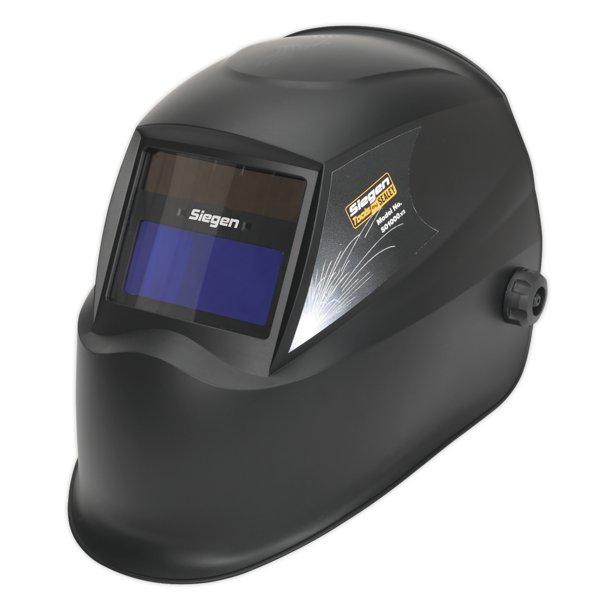 A Sealey Welding Helmet Auto Darkening - Shade 11 - S01000, featuring a black exterior with a rectangular viewing window and the "Siegen" label on the front. The helmet includes adjustable sensitivity settings and an adjustable side knob for a custom fit.