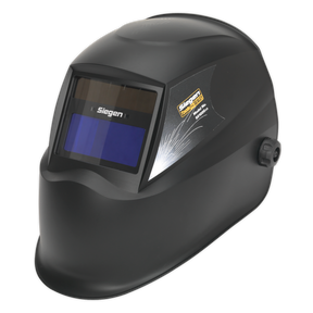 A Sealey Welding Helmet Auto Darkening - Shade 11 - S01000, featuring a black exterior with a rectangular viewing window and the "Siegen" label on the front. The helmet includes adjustable sensitivity settings and an adjustable side knob for a custom fit.