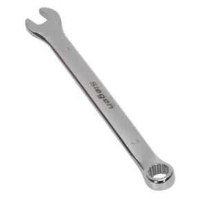 Introducing the Sealey Combination Spanner 7mm - S01007, featuring both an open-end and a box-end on each side. Expertly crafted from durable Chrome Vanadium steel and finished with a sleek, shiny metal look, this high-quality tool is backed by a lifetime guarantee. It's an exceptional addition to any Sealey tools collection.