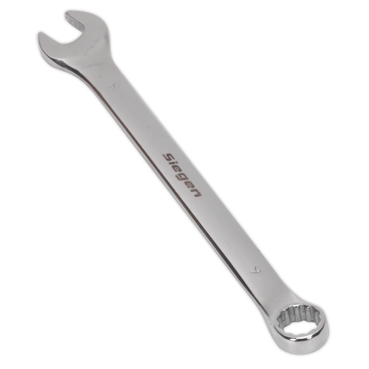 The Sealey Combination Spanner 9mm - S01009 features an open-ended wrench on one side and a ring wrench on the other, crafted from durable Chrome Vanadium steel.