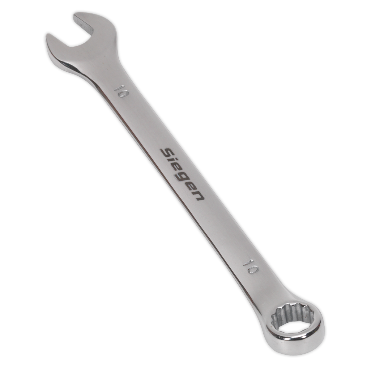 A silver combination spanner labeled "Sealey," made from durable Chrome Vanadium steel for corrosion resistance, with an open-end on one side and a box-end on the other, marked as 10mm on both ends. The product is named Combination Spanner 10mm - S01010.