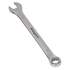 A silver combination spanner labeled "Sealey," made from durable Chrome Vanadium steel for corrosion resistance, with an open-end on one side and a box-end on the other, marked as 10mm on both ends. The product is named Combination Spanner 10mm - S01010.