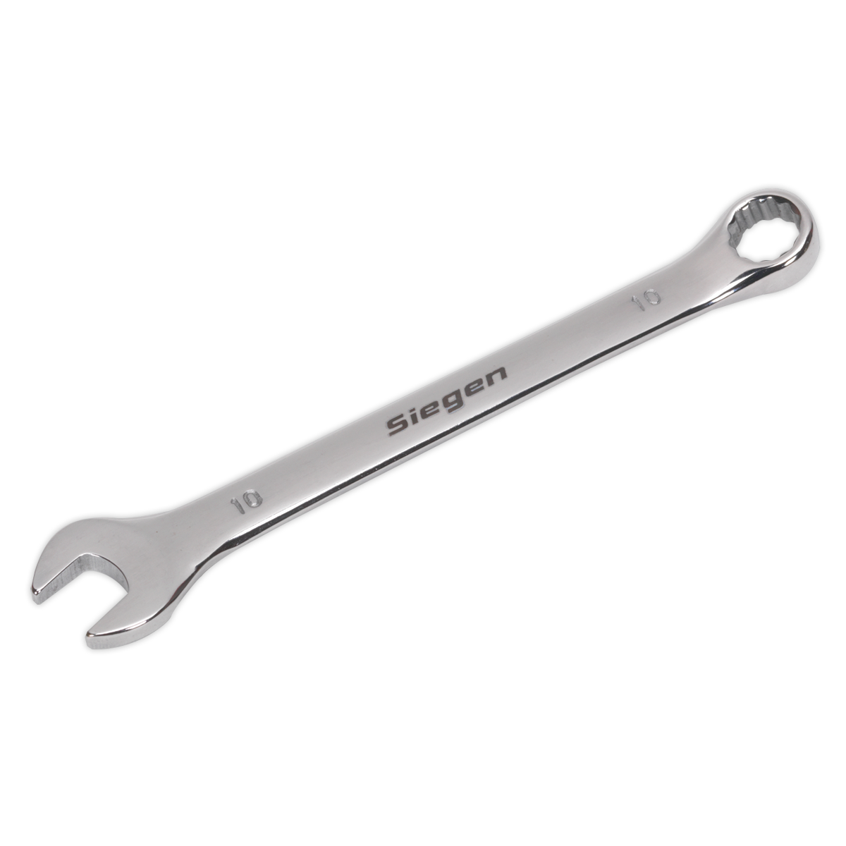 A Combination Spanner 10mm - S01010 featuring an open-end on one side and a box-end on the other, branded "Sealey," and crafted from high-quality Chrome Vanadium steel for exceptional durability and corrosion resistance.