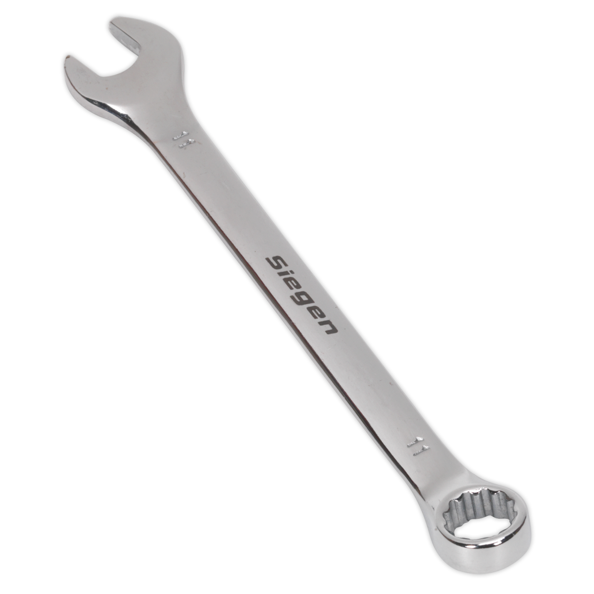 A silver 11mm combination spanner, branded "Sealey," with an open-end and a box-end, crafted from Chrome Vanadium steel for added corrosion resistance. Model: S01011.