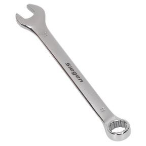 A silver 11mm combination spanner, branded "Sealey," with an open-end and a box-end, crafted from Chrome Vanadium steel for added corrosion resistance. Model: S01011.
