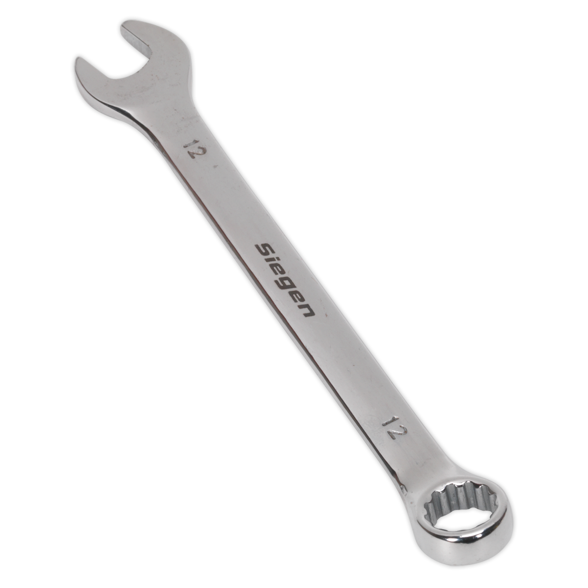 A Sealey Combination Spanner 12mm - S01012, crafted from Chrome Vanadium steel for superior corrosion resistance, features an open-end on one side and a box-end on the other.