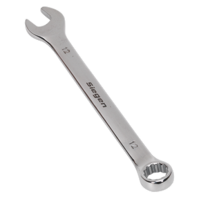 A Sealey Combination Spanner 12mm - S01012, crafted from Chrome Vanadium steel for superior corrosion resistance, features an open-end on one side and a box-end on the other.