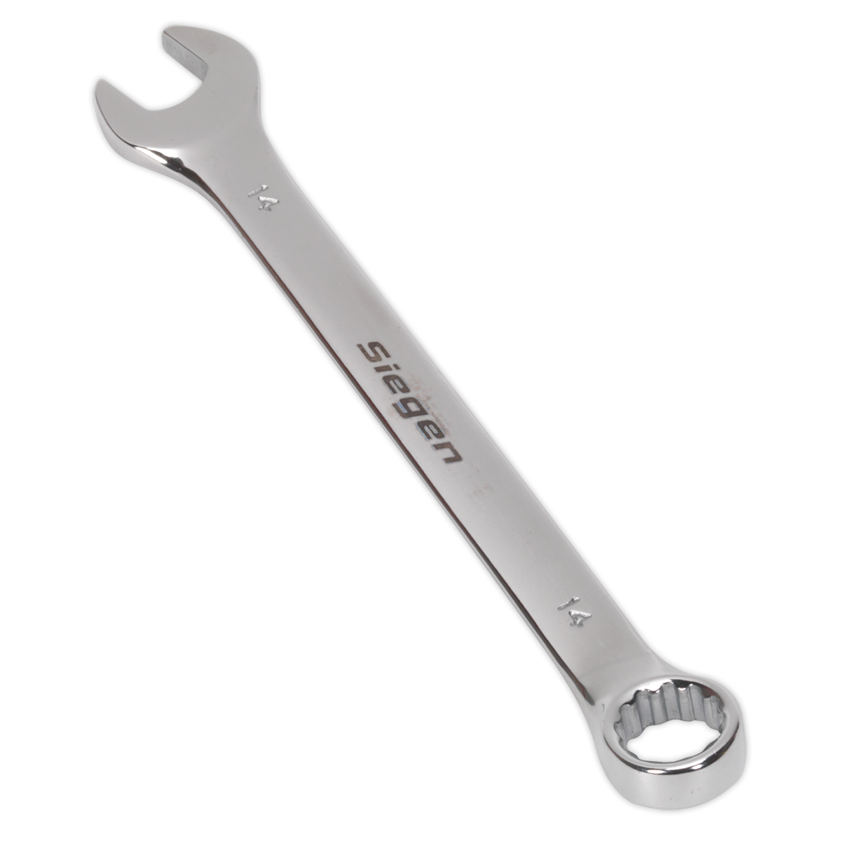 A Sealey Combination Spanner 14mm - S01014, made of Chrome Vanadium steel with an open-end and a box-end, offering superior corrosion resistance and a chrome finish, placed against a white background.