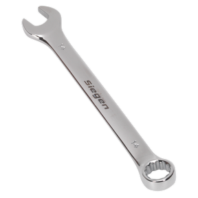 A Sealey Combination Spanner 14mm - S01014, made of Chrome Vanadium steel with an open-end and a box-end, offering superior corrosion resistance and a chrome finish, placed against a white background.