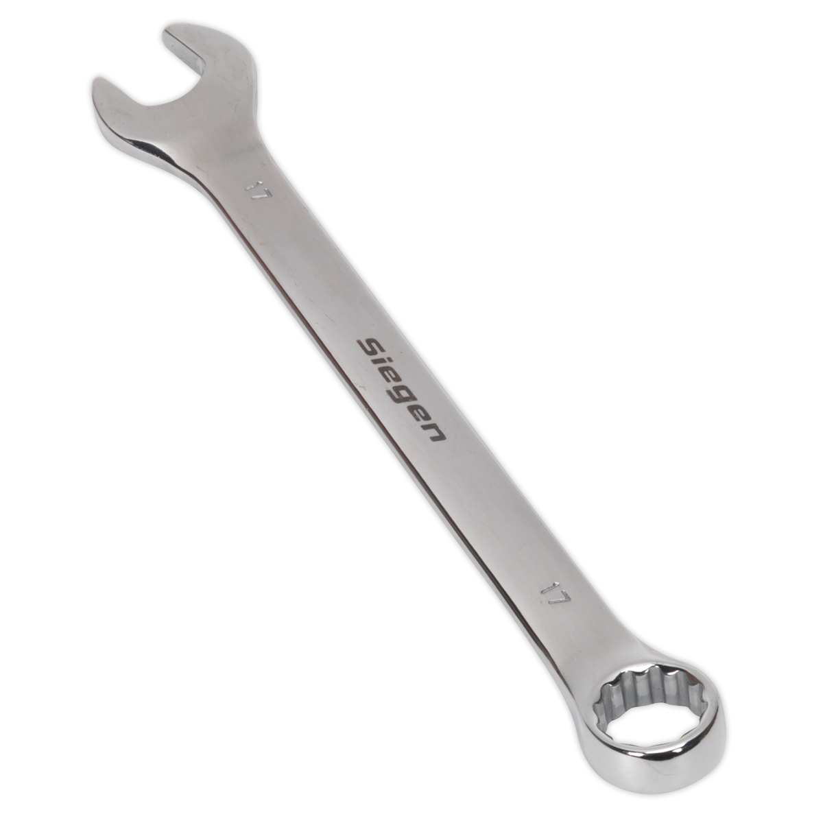 A silver Sealey Combination Spanner 17mm - S01017, made of Chrome Vanadium steel and featuring both an open-end and a box-end for tightening or loosening nuts and bolts, is renowned for its high-quality construction and corrosion resistance.