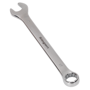 A silver Sealey Combination Spanner 17mm - S01017, made of Chrome Vanadium steel and featuring both an open-end and a box-end for tightening or loosening nuts and bolts, is renowned for its high-quality construction and corrosion resistance.
