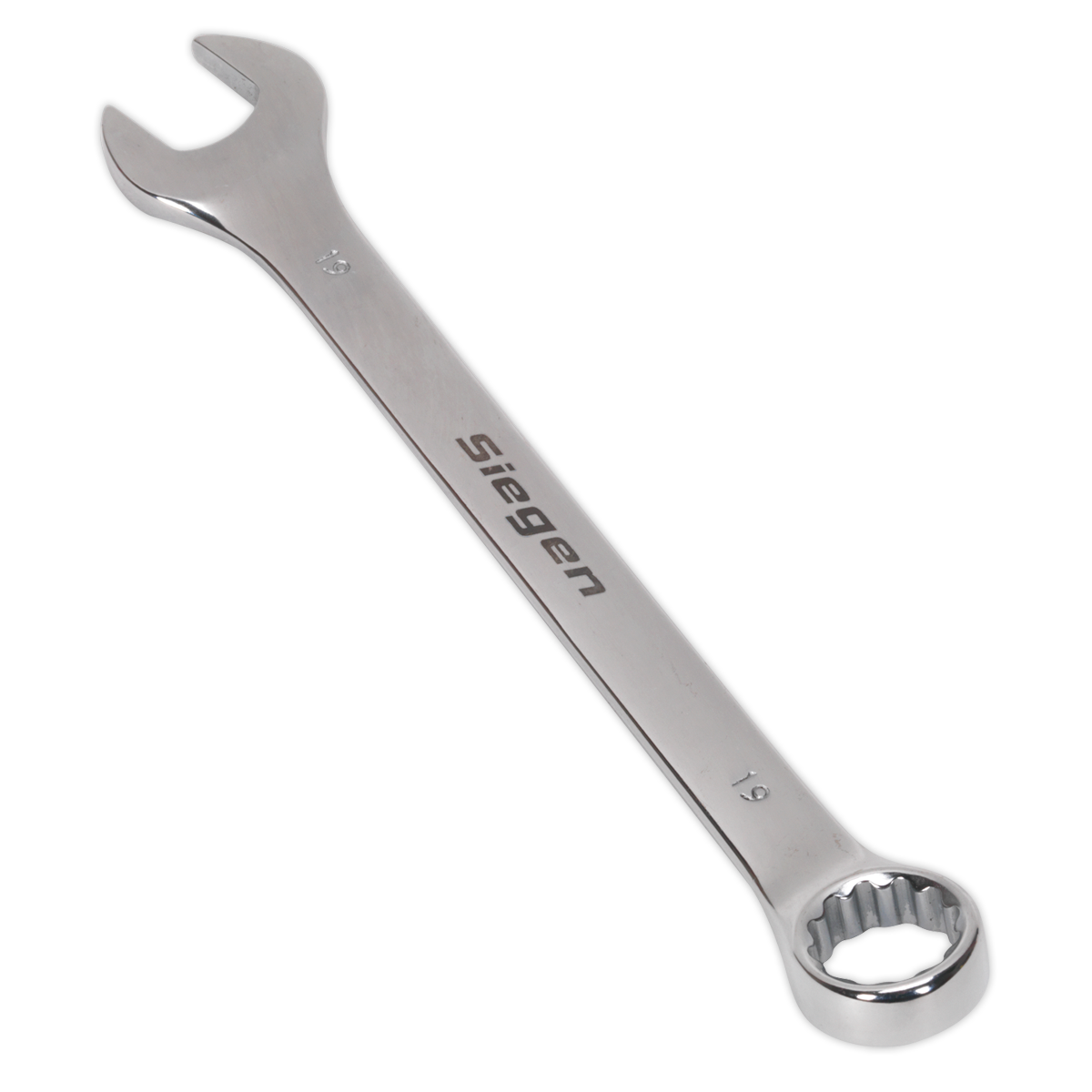 The Combination Spanner 19mm - S01019 by Sealey is crafted from Chrome Vanadium steel and features both an open-end and a box-end, clearly labeled 19 mm. Ideal for anyone seeking quality tools in their arsenal.