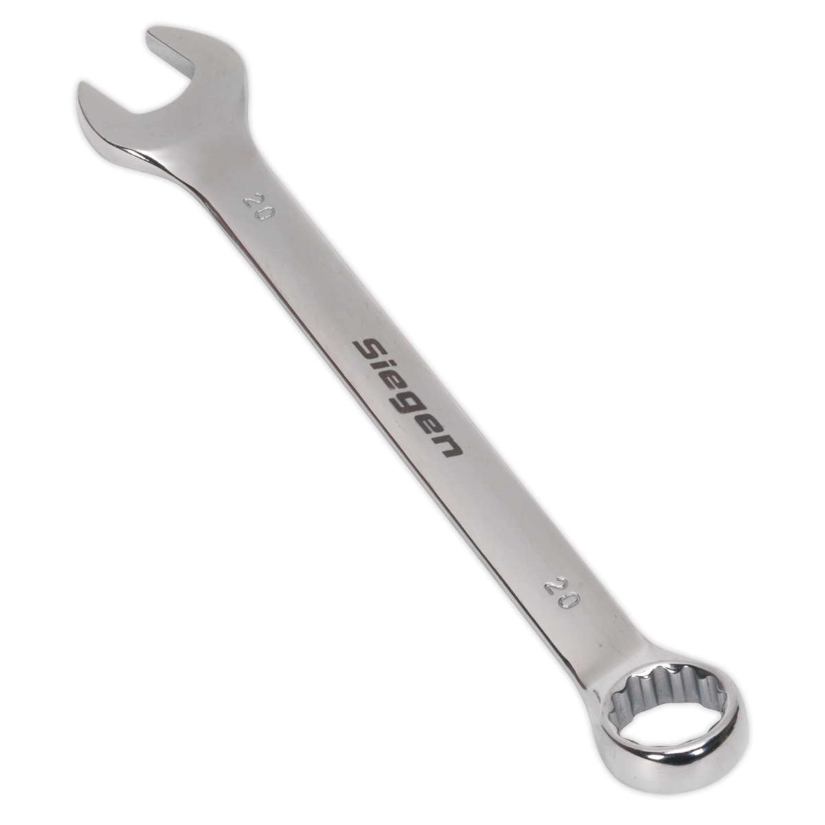 A shiny Sealey combination spanner, labeled with the number S01020, featuring an open end on one side and a ring end on the other, made from durable Chrome Vanadium steel.