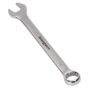 A shiny Sealey combination spanner, labeled with the number S01020, featuring an open end on one side and a ring end on the other, made from durable Chrome Vanadium steel.