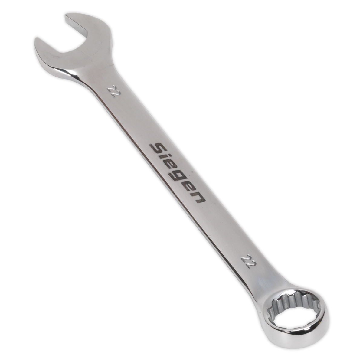 A Silver Sealey Combination Spanner, model S01022, featuring an open-end and a box-end both labeled with the size "22", is crafted from Chrome Vanadium steel for superior corrosion resistance.