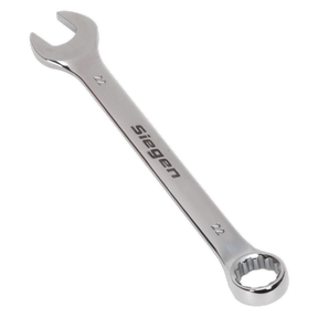 A Silver Sealey Combination Spanner, model S01022, featuring an open-end and a box-end both labeled with the size "22", is crafted from Chrome Vanadium steel for superior corrosion resistance.