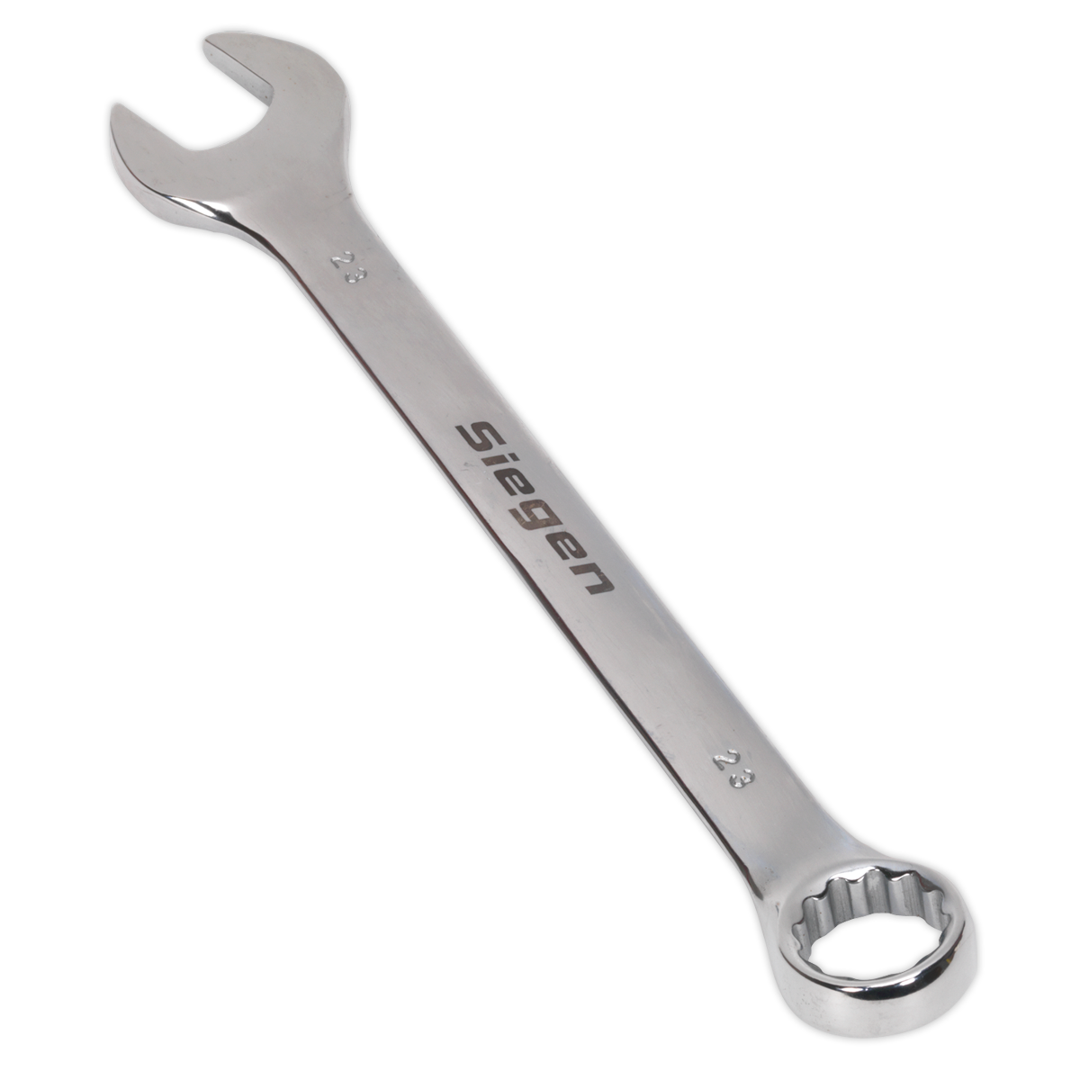 A high-quality metal combination spanner with an open-end and a box-end, marked "Sealey" and labeled with the number "23mm." Crafted from Chrome Vanadium steel, the Combination Spanner 23mm - S01023 offers superior corrosion resistance for longevity.