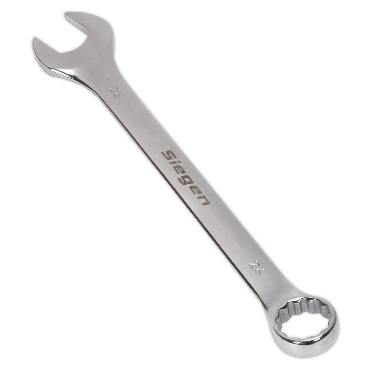 Image of a Sealey Combination Spanner 26mm - S01026 featuring an open-end and a box-end, crafted from durable Chrome Vanadium steel for superior corrosion resistance.