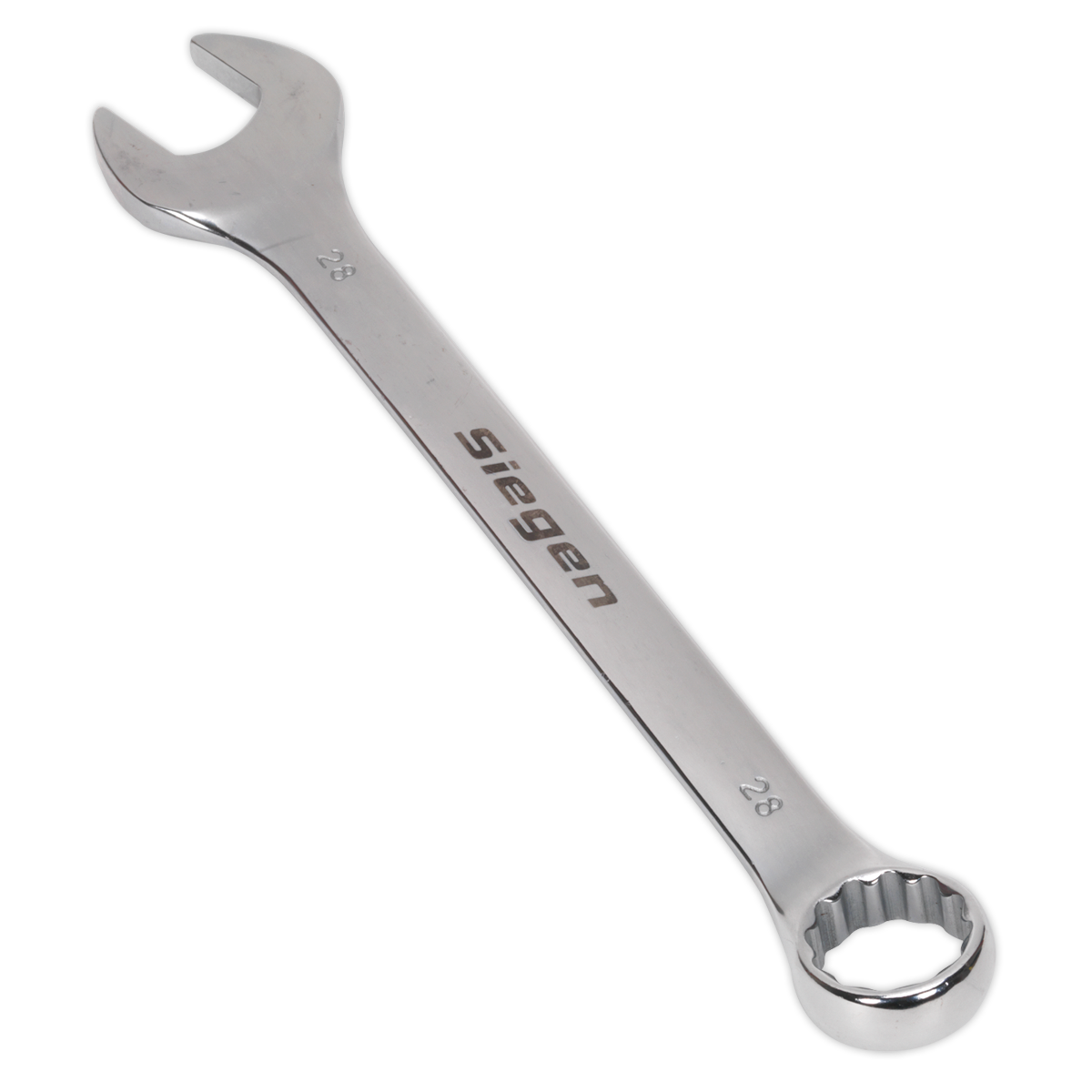 A metal combination wrench with an open-end and a box-end, crafted from Chrome Vanadium steel for exceptional durability and corrosion resistance, marked "Sealey" and "28mm - S01028" on both ends.