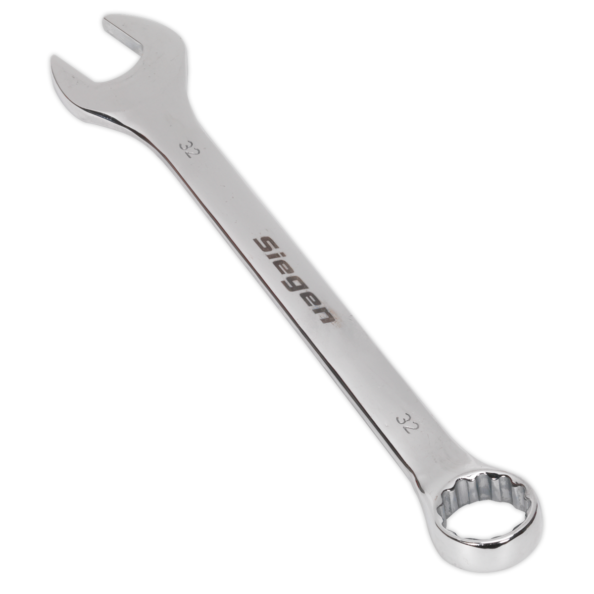 A metal combination spanner with an open-end on one side and a box-end on the other, crafted from Chrome Vanadium steel for excellent durability, engraved with the brand name "Sealey" – specifically, the Combination Spanner 32mm - S01032.