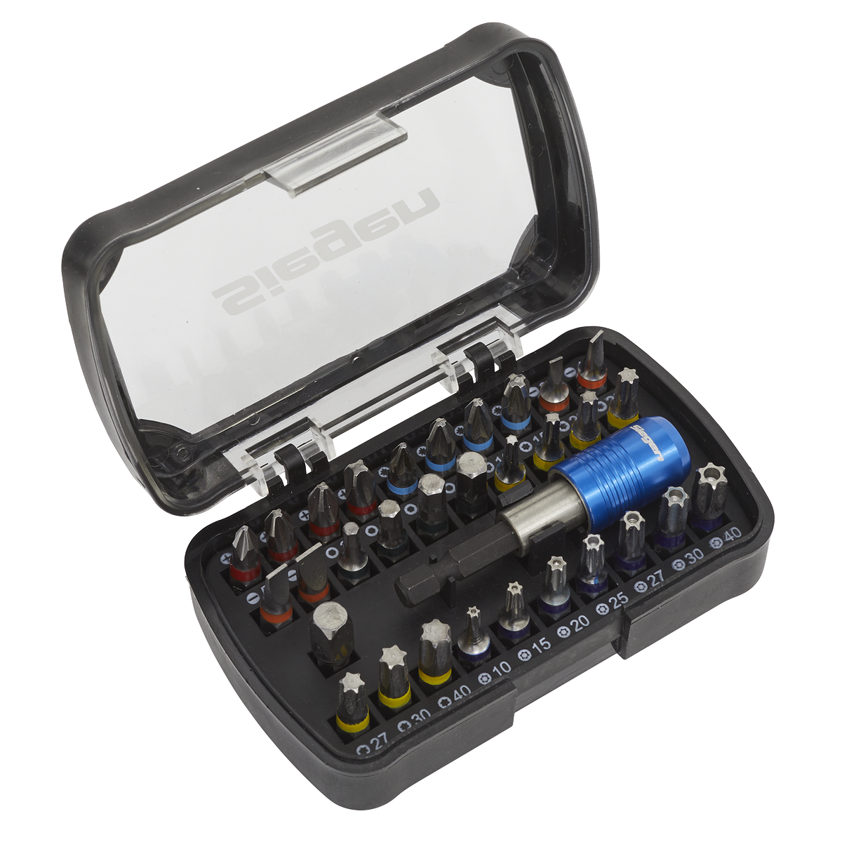 The Sealey Power Tool Bit Set 32pc Colour-Coded S2 - S01035 features a plastic case containing precision screwdrivers and bits crafted from durable S2 steel, available in various shapes and sizes. With blue-handled tools housed in dedicated slots beneath a transparent lid, this Siegen by Sealey tool kit also includes a convenient quick release chuck.