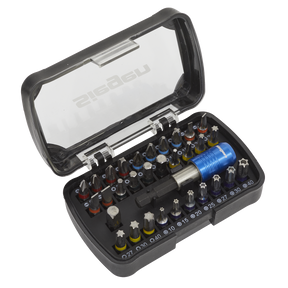 The Sealey Power Tool Bit Set 32pc Colour-Coded S2 - S01035 features a plastic case containing precision screwdrivers and bits crafted from durable S2 steel, available in various shapes and sizes. With blue-handled tools housed in dedicated slots beneath a transparent lid, this Siegen by Sealey tool kit also includes a convenient quick release chuck.