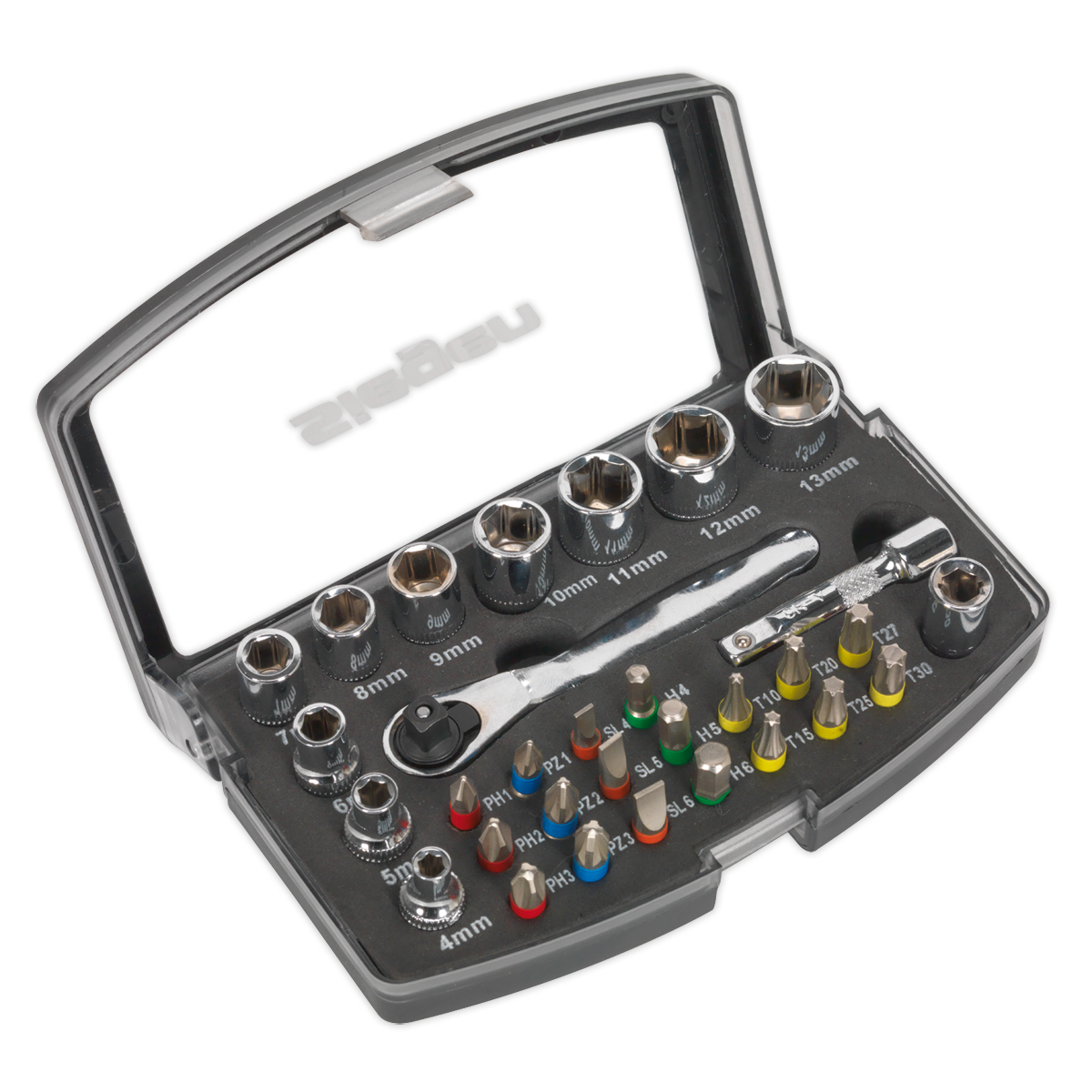 The Socket & Bit Set 31pc 1/4"Sq Drive - S01036 from Sealey comes in a transparent plastic case and includes a selection of sockets, bits, and a ratchet. Each piece is crafted from durable chrome vanadium steel and labeled with its respective size and type—making it an ideal addition to any workshop tools collection.