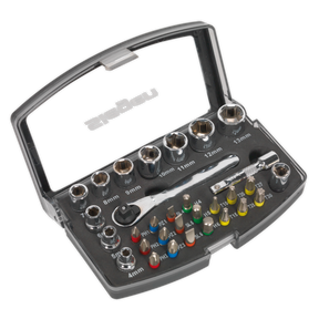 The Socket & Bit Set 31pc 1/4"Sq Drive - S01036 from Sealey comes in a transparent plastic case and includes a selection of sockets, bits, and a ratchet. Each piece is crafted from durable chrome vanadium steel and labeled with its respective size and type—making it an ideal addition to any workshop tools collection.