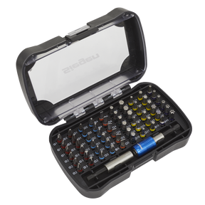 The Power Tool Bit Set 62pc Colour-Coded S2 - S01037 by Sealey features a small black plastic case containing a set of assorted interchangeable screwdriver bits made from S2 steel, along with a magnetic bit holder. The bits are secured in molded compartments, and the case has a transparent lid for easy viewing.