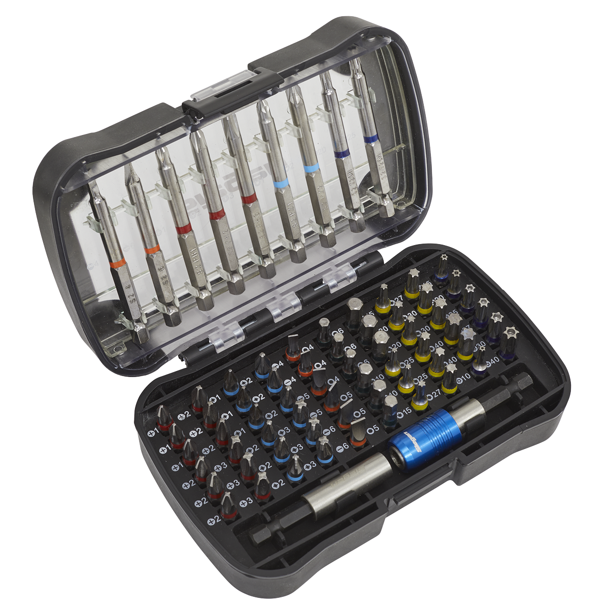 The Power Tool Bit Set 71pc Colour-Coded S2 - S01038 by Sealey includes a black plastic case with various precision screwdriver bits meticulously organized in rows, and a blue-handled interchangeable screwdriver that features a magnetic bit holder at the bottom. This set is ideal for general workshop use.