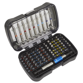 The Power Tool Bit Set 71pc Colour-Coded S2 - S01038 by Sealey includes a black plastic case with various precision screwdriver bits meticulously organized in rows, and a blue-handled interchangeable screwdriver that features a magnetic bit holder at the bottom. This set is ideal for general workshop use.