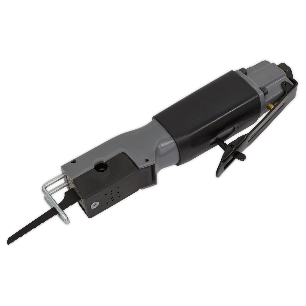 Image of the Sealey Air Saw Reciprocating - S01045, featuring a black handle and gray body with a partially extended blade at the front, an adjustable blade guide, and a power cord at the back—ideal for light garage use or crash repair preparation.