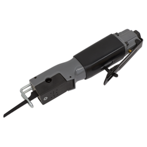 Image of the Sealey Air Saw Reciprocating - S01045, featuring a black handle and gray body with a partially extended blade at the front, an adjustable blade guide, and a power cord at the back—ideal for light garage use or crash repair preparation.