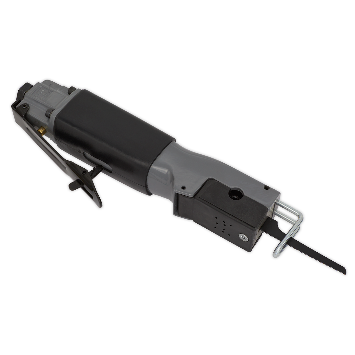 The Sealey Air Saw Reciprocating - S01045 is a handheld electric saw with a gray and black body, featuring an adjustable blade guide and a slim, pointed blade—ideal for light garage use or crash repair preparation.