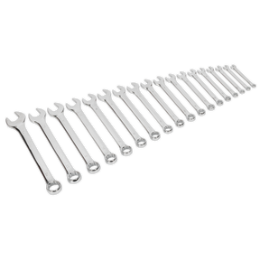 The Sealey Combination Spanner Set 18pc - S01052, made from drop-forged chrome vanadium steel, includes spanners arranged in increasing size order from left to right and offers exceptional corrosion resistance.