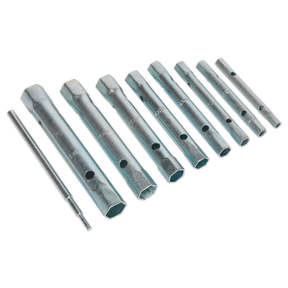 A Sealey Box Spanner Set (9pc) - S01053, featuring zinc-plated metal tubular hex socket wrenches and a hex key tool, displayed in a row on a white background.