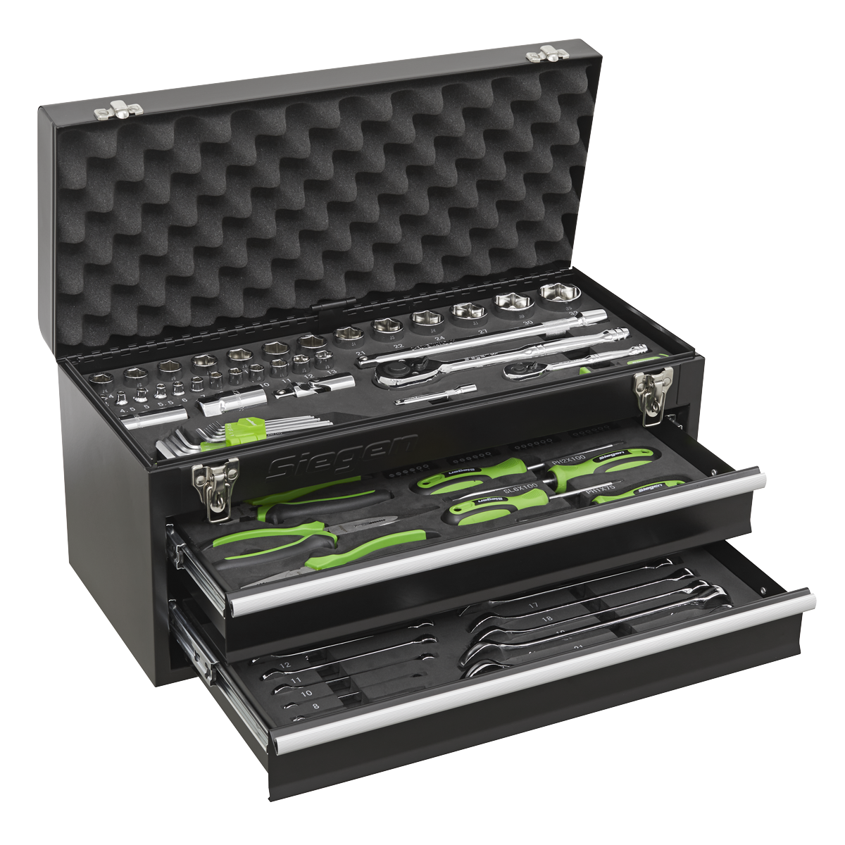 A Sealey Portable Tool Chest 2 Drawer with 90-piece Tool Kit (model S01055) features a sturdy black metal construction and includes an assortment of green-handled screwdrivers, soft grip handles, wrenches, reversible ratchet wrenches, sockets, and various other hand tools neatly organized in two accessible drawers under a secure lid.